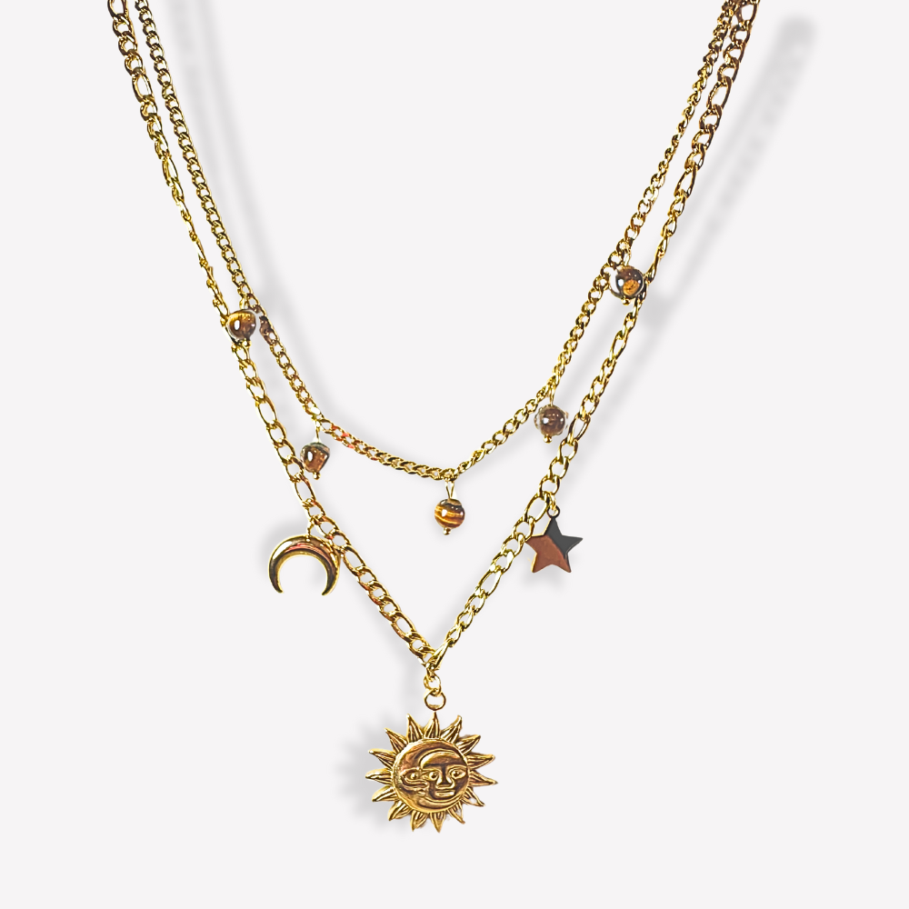 Collier Double Charms Soleil, Lune & Étoiles  | Gaou Bijoux