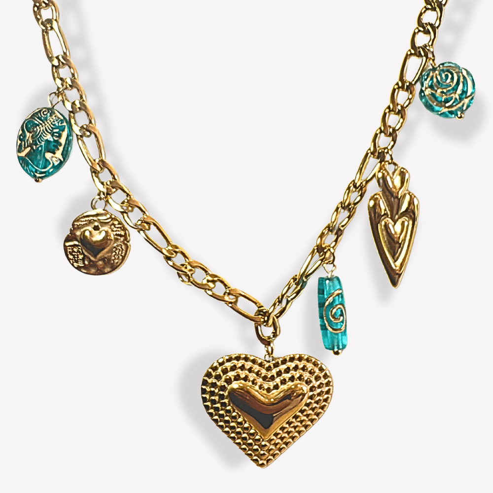 Collier Charms Cœurs & Accents Turquoises  | Gaou Bijoux