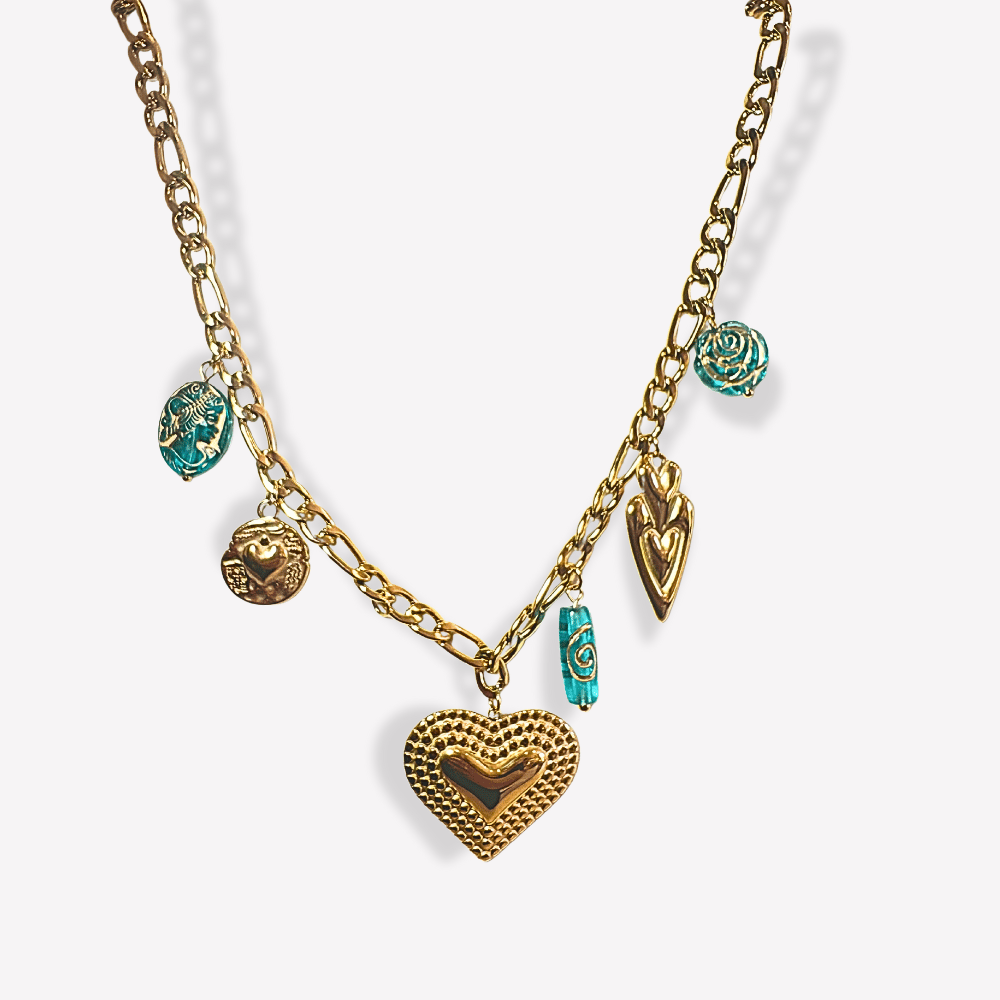 Collier Charms Cœurs & Accents Turquoises  | Gaou Bijoux