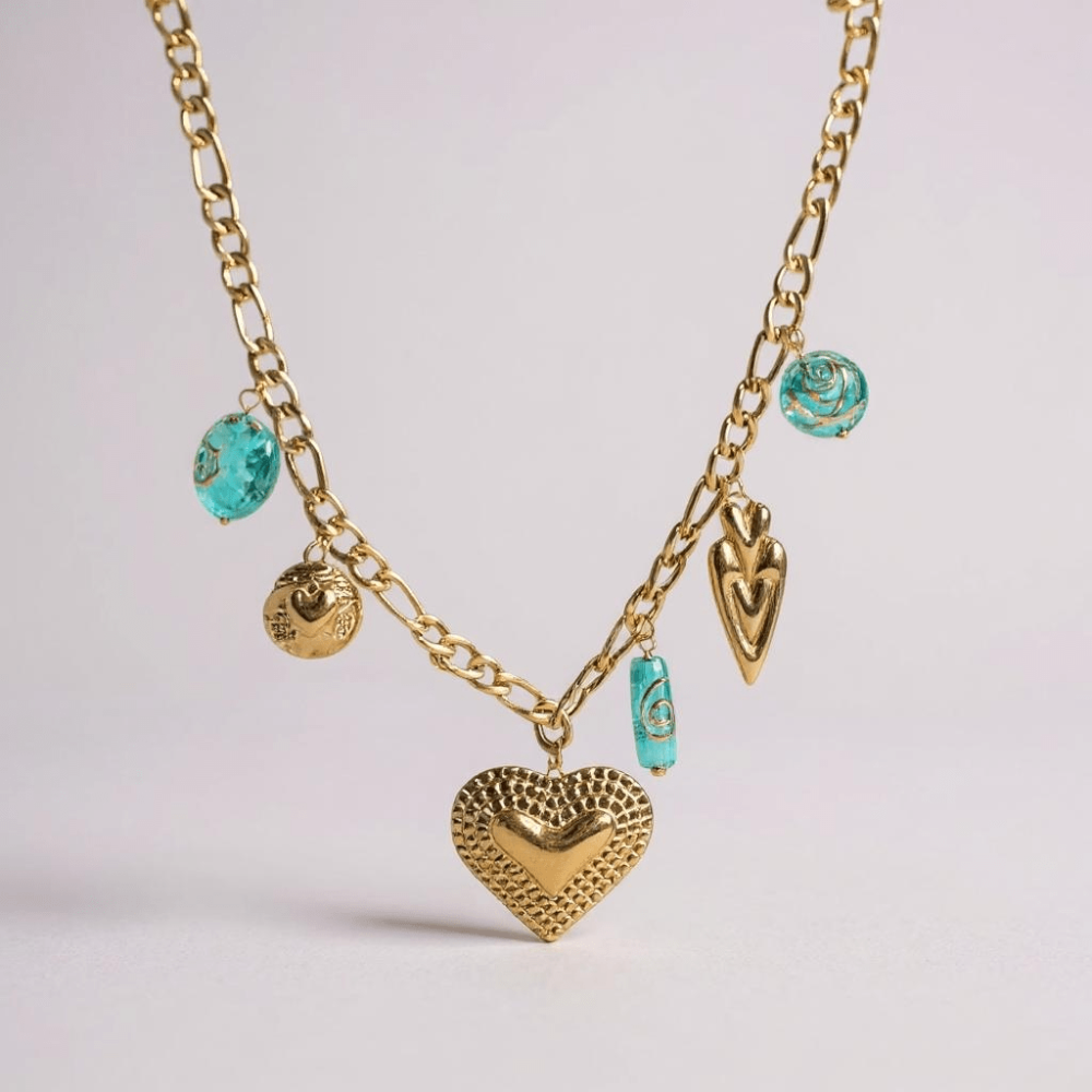 Collier Charms Cœurs & Accents Turquoises  | Gaou Bijoux