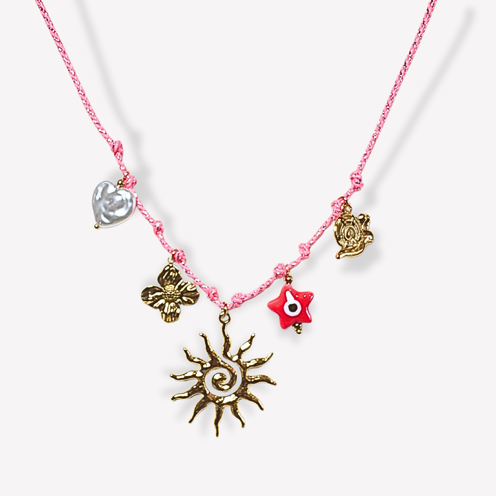 Collier Charms Soleil & Cordon Rose Fushia  | Gaou Bijoux