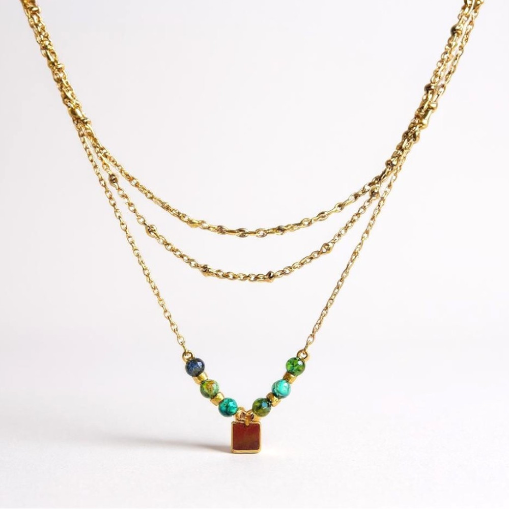 Collier triple vert avec pierre de turquoise  | Gaou Bijoux
