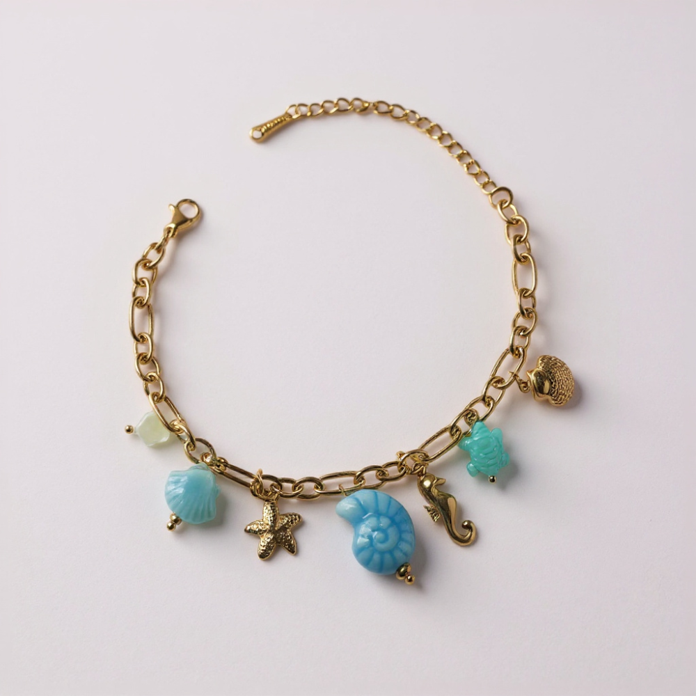 Bracelet Charms Océan Doré & Turquoise | Collier Charms Personnalisable