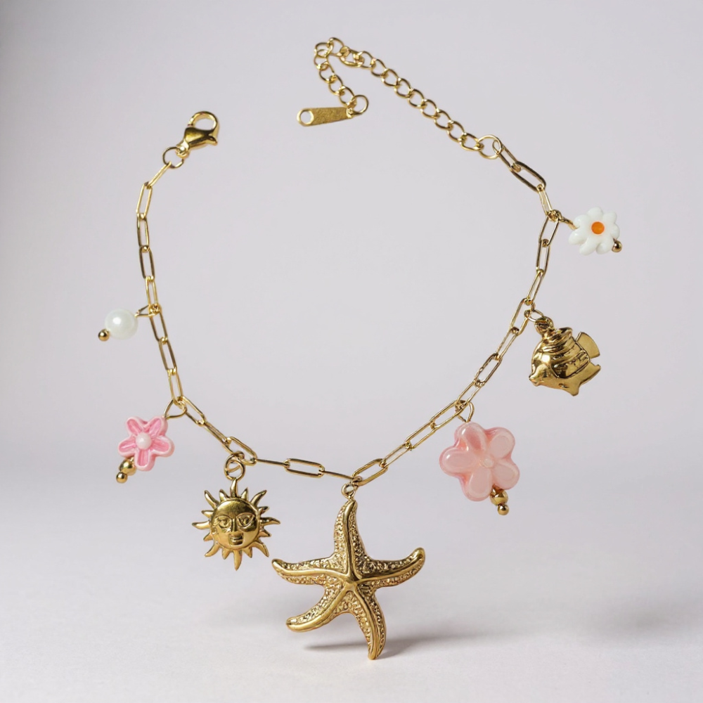 Bracelet Charms Soleil & Fleurs Roses | Collier Charms Personnalisable