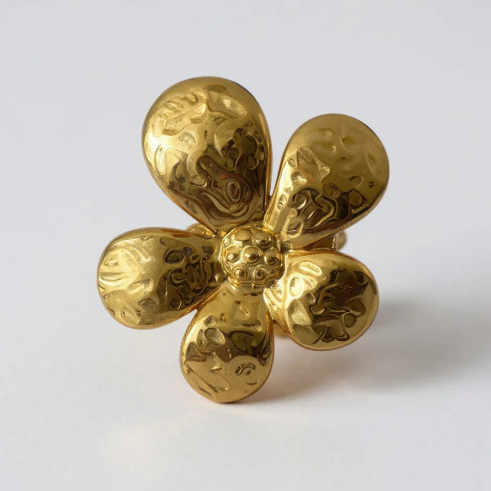 bague fleur dorée martelée acier inoxydable réglable