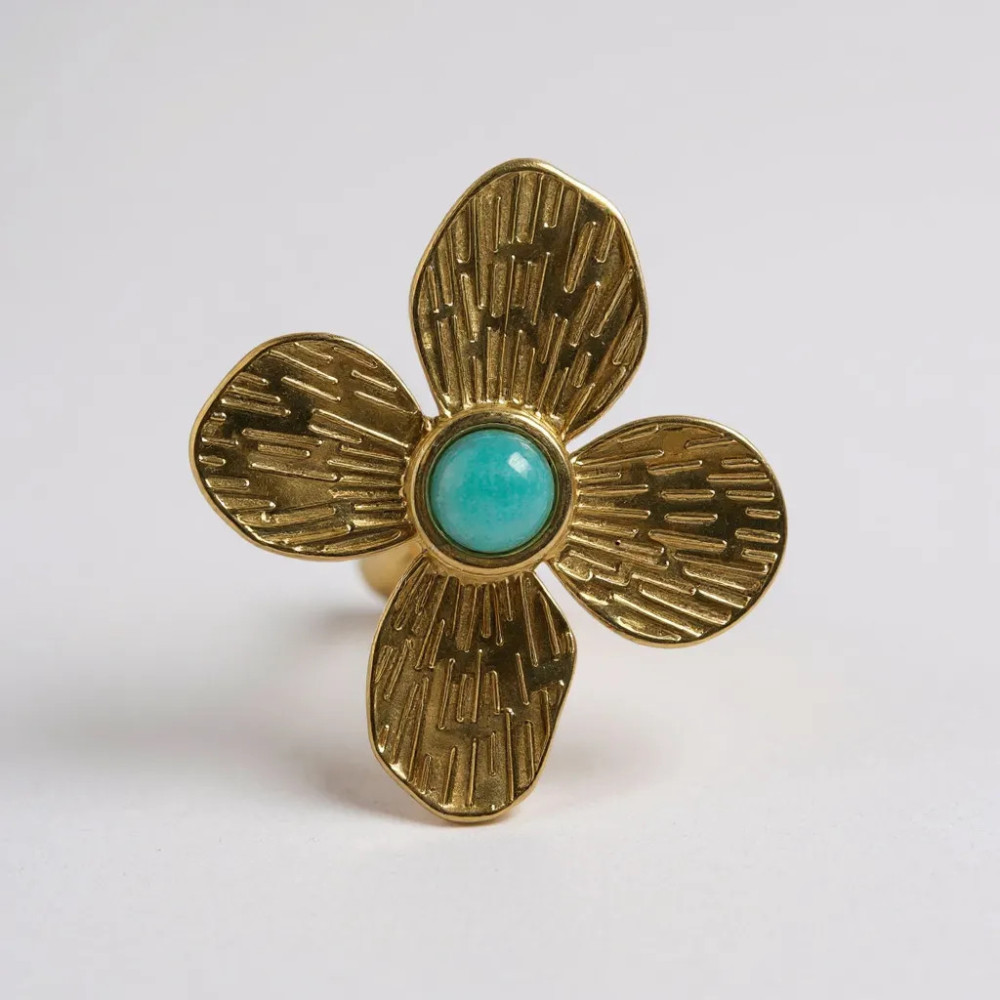 bague fleur dorée turquoise acier inoxydable réglable
