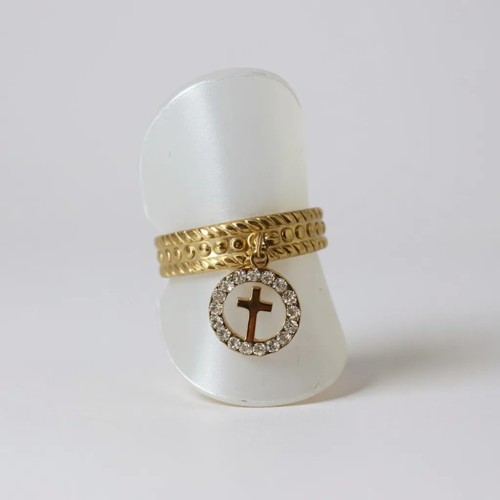 bague croix médaille dorée strass acier inoxydable réglable