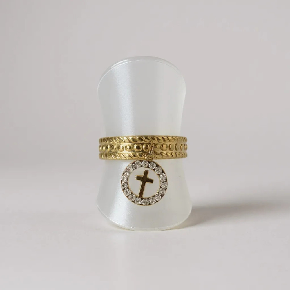 bague croix médaille dorée strass acier inoxydable réglable