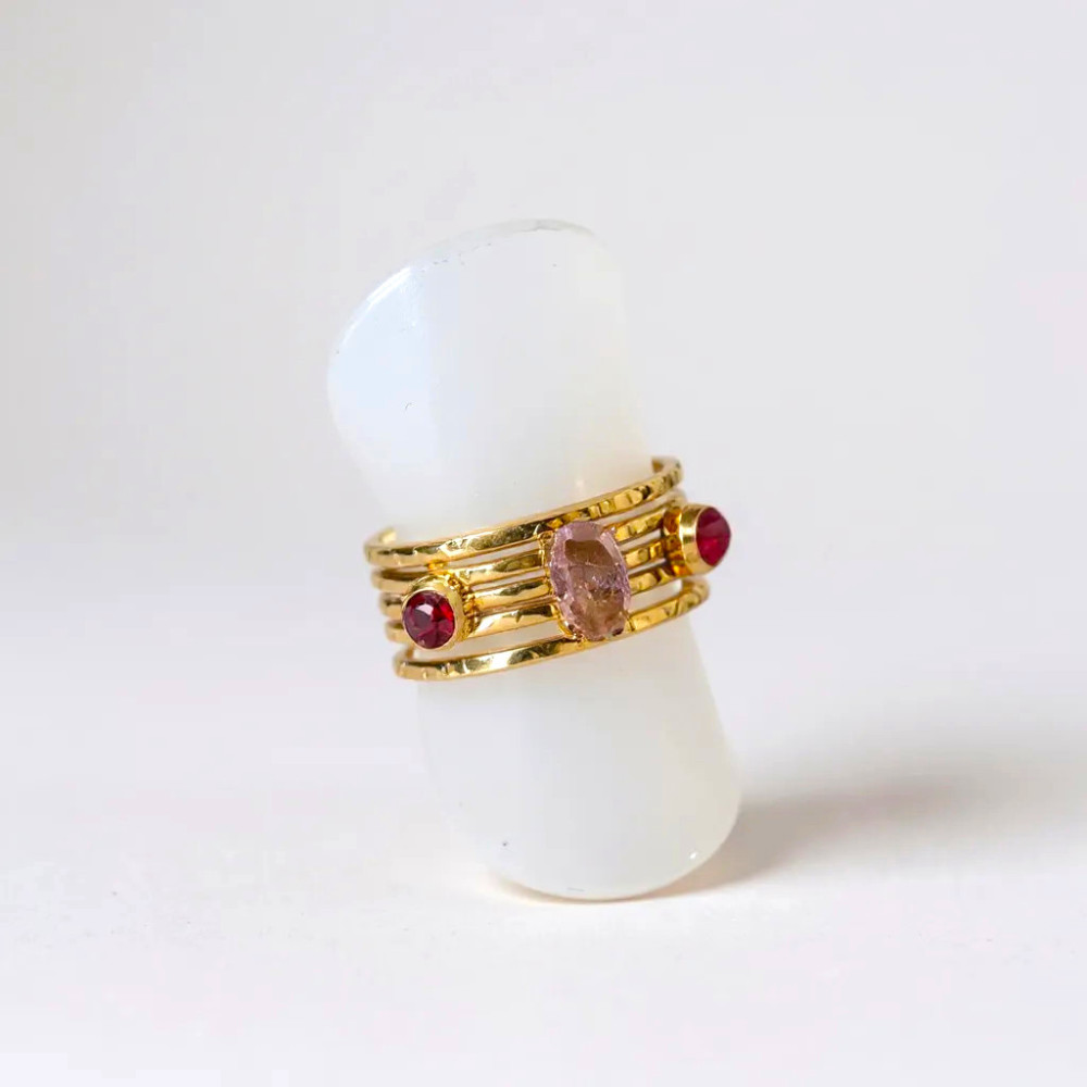 Bague Multi Anneaux Cristaux Rouges | Bague Acier Inoxydable Réglable