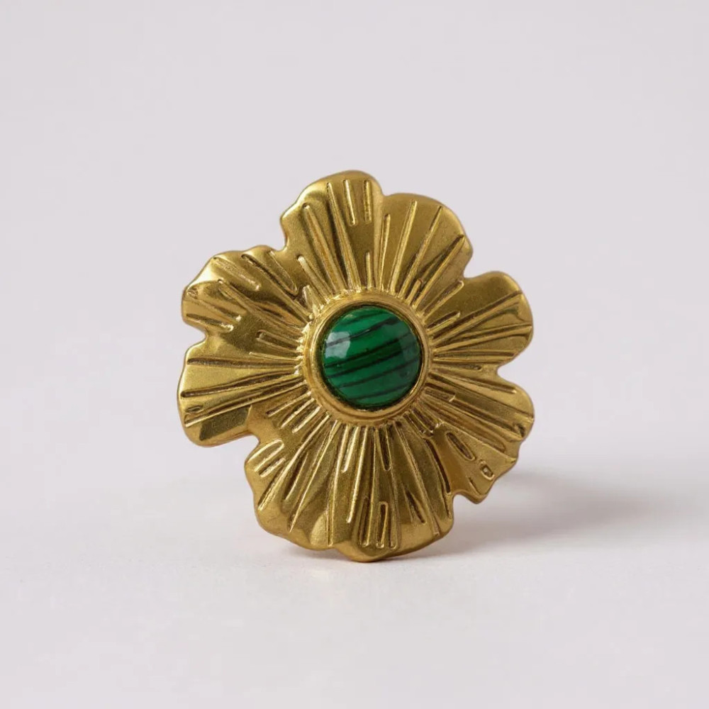bague fleur dorée pierre malachite acier inoxydable réglable