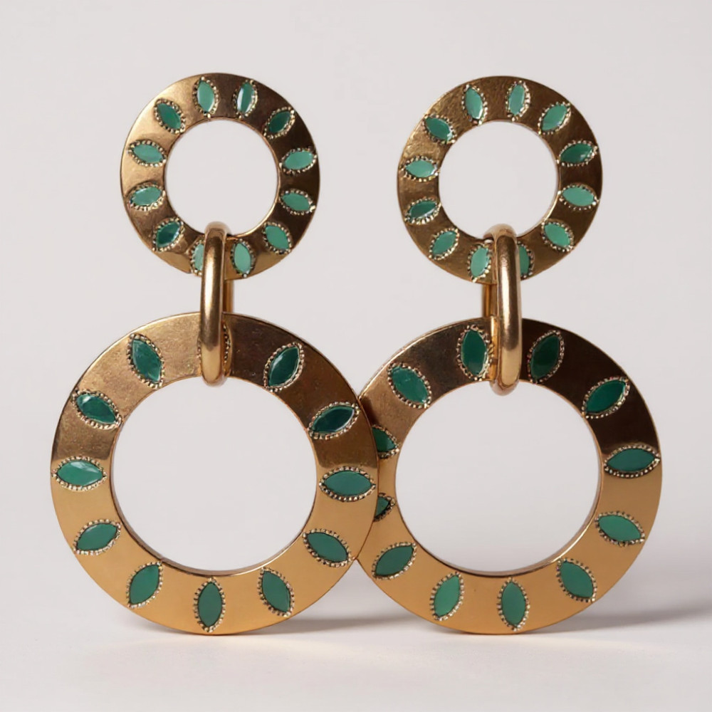 boucles d’oreilles anneaux dorés émaillés vert acier inoxydable
