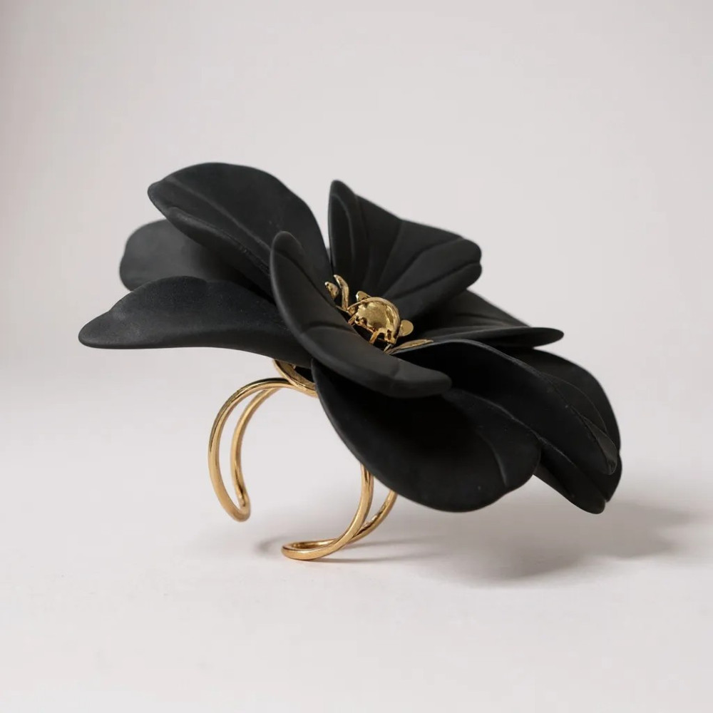 Bague Fleur Dorée Noire en acier inoxydable - Gaou Bijoux