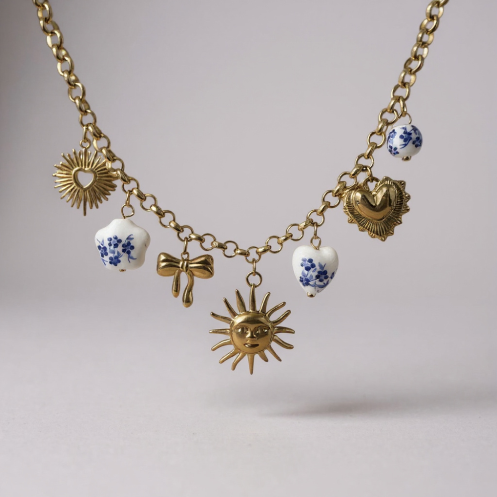 Collier Charms Soleil & Cœurs en Porcelaine | bijoux fantaisie dorés | Gaou Bijoux