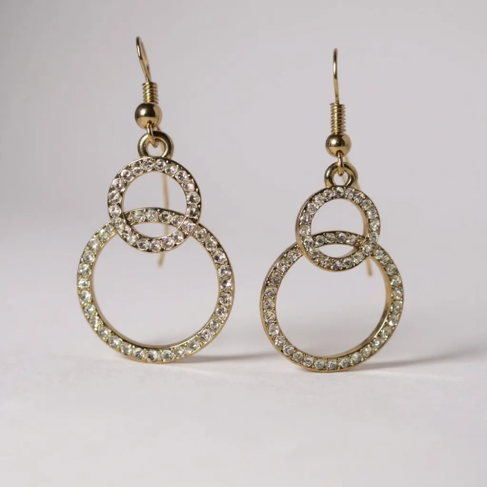 Boucles d’oreilles pendantes double cercle strass dorées en acier inoxydable