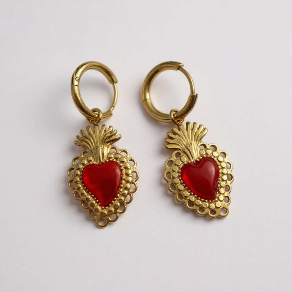Boucles d’Oreilles Cœur Sacré Rouge | Boucles acier inoxydable | Gaou Bijoux