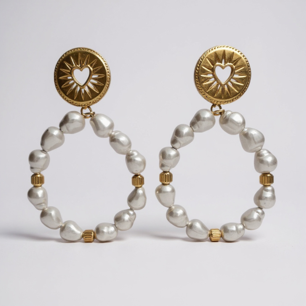 Boucles d’Oreilles Créoles Perles & Soleil Cœur | Boucles acier inoxydable | Gaou Bijoux
