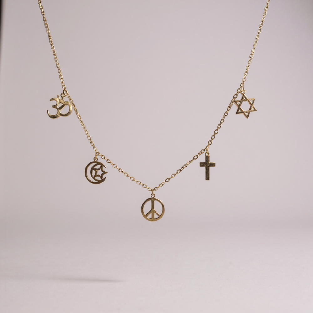 Collier symboles universels en acier inoxydable avec charms Om, croissant étoilé, étoile de David, croix et symbole de paix.