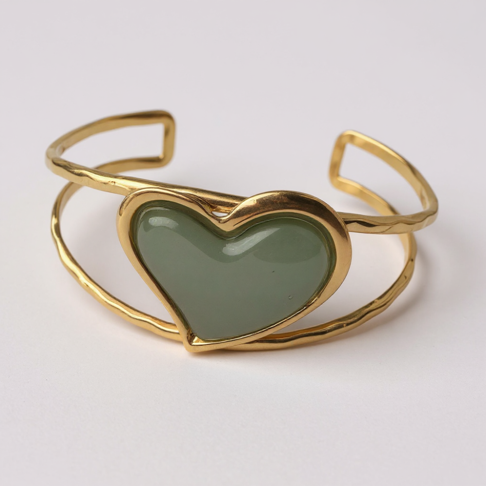 Bracelet jonc doré avec cœur vert en acier inoxydable | Gaou Bijoux