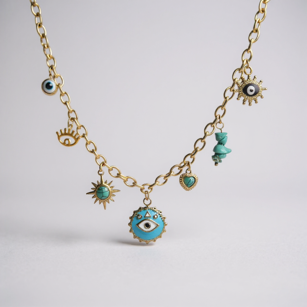 Collier charms œil turquoise doré acier inoxydable