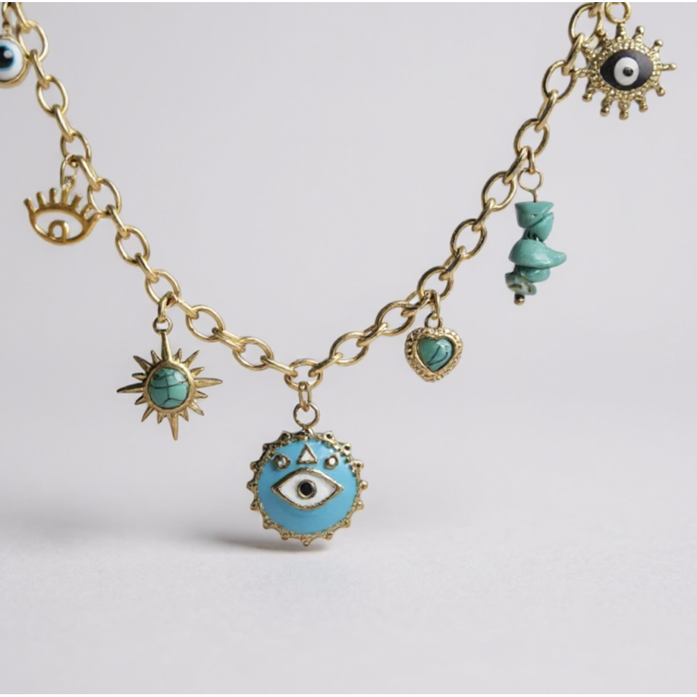 Collier charms œil turquoise doré en acier inoxydable | Gaou Bijoux