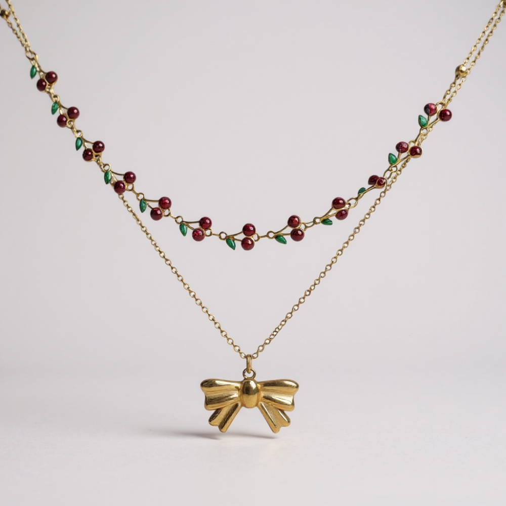 Collier double rang cerises et nœud doré en acier inoxydable | Gaou Bijoux