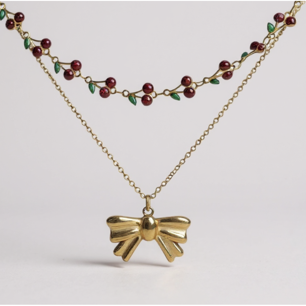 Collier double rang cerises et nœud doré en acier inoxydable | Gaou Bijoux