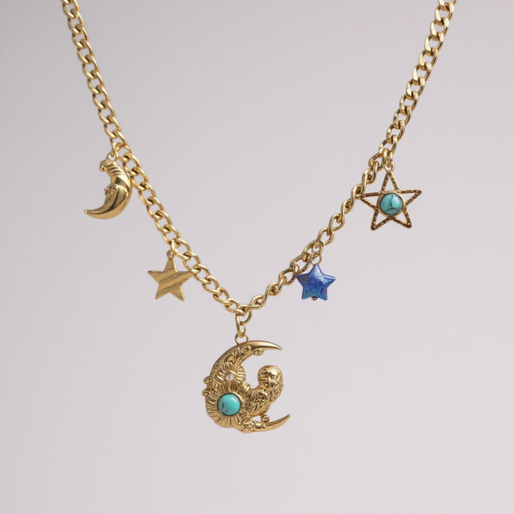 Collier acier inoxydable doré avec pendentif lune et étoiles turquoise
