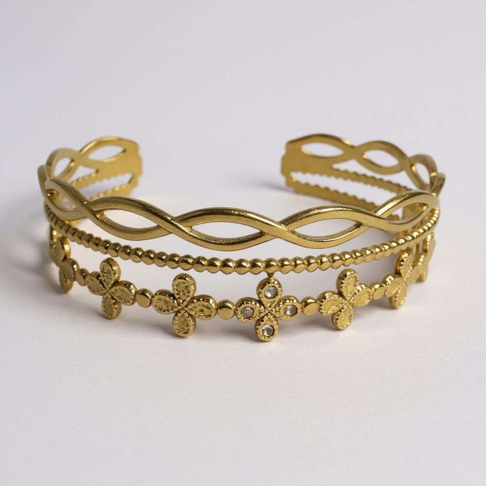 Jonc fleur double rang acier inoxydable argenté ou doré | Gaou Bijoux