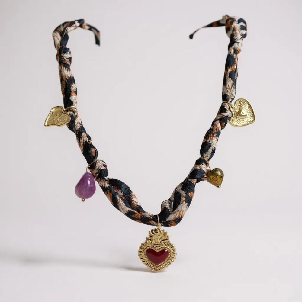 Collier tissu léopard cœurs et charms acier inoxydable doré | Gaou Bijoux