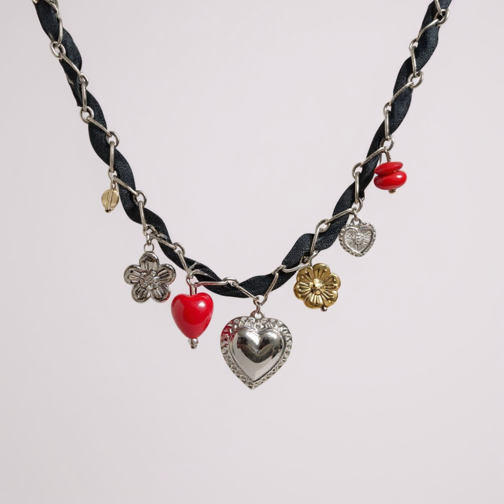 Collier tissu charms cœurs et fleurs acier inoxydable | Gaou Bijoux