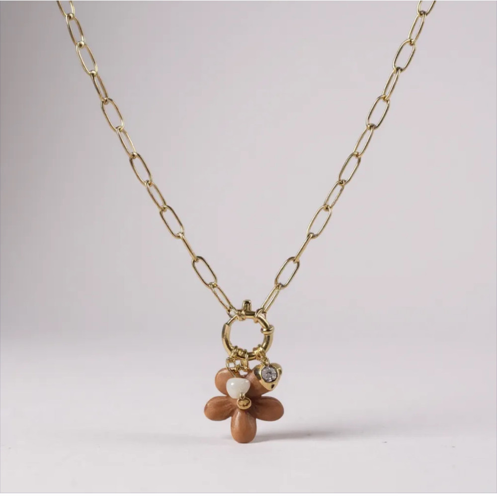 Collier Fleur orangée pendentif perle et strass acier inoxydable doré | Gaou Bijoux