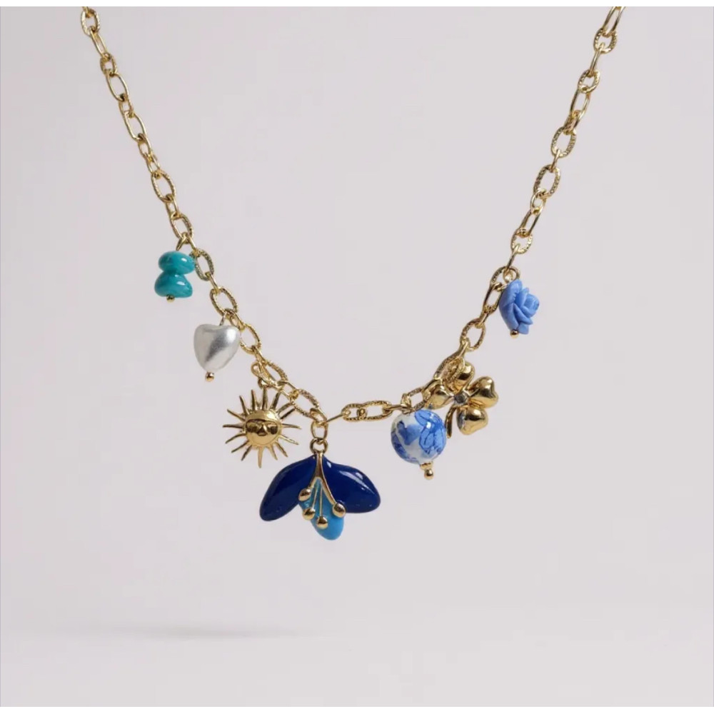 Collier Charms Bleu Doré Bohème | bijoux acier inoxydable | Gaou Bijoux