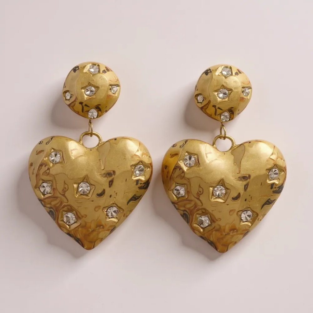 Boucles d’Oreilles Cœurs Dorés Strass en acier inoxydable | Gaou Bijoux