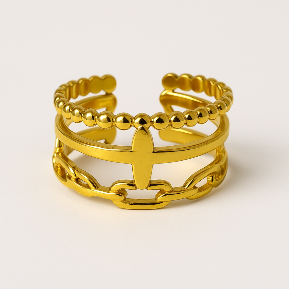 Bague dorée en acier inoxydable au design chaîne, billes et croix centrale
