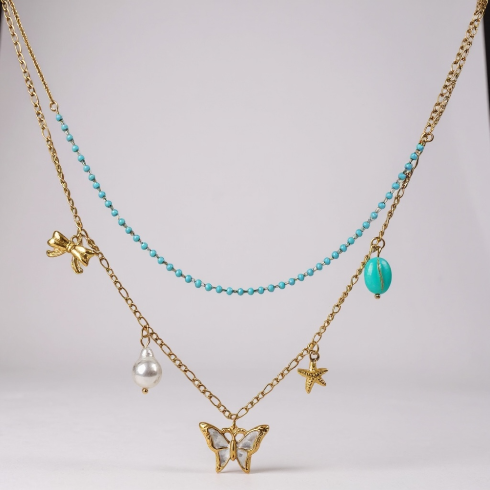 Collier Multirangs Papillon & Charms Dorés – bijoux acier inoxydable | Gaou Bijoux