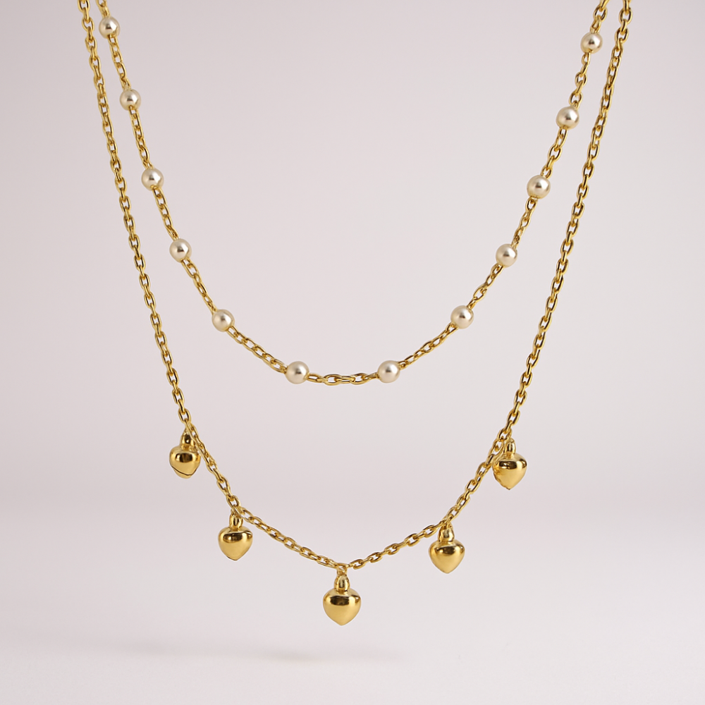 Collier Double Rang Perles & Cœurs Dorés – collier romantique chic | Gaou Bijoux