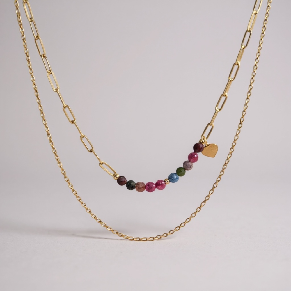 Collier Multirang Perles Colorées & Cœur Doré – déclinaisons blanc, turquoise, rose & multicolore | Gaou Bijoux