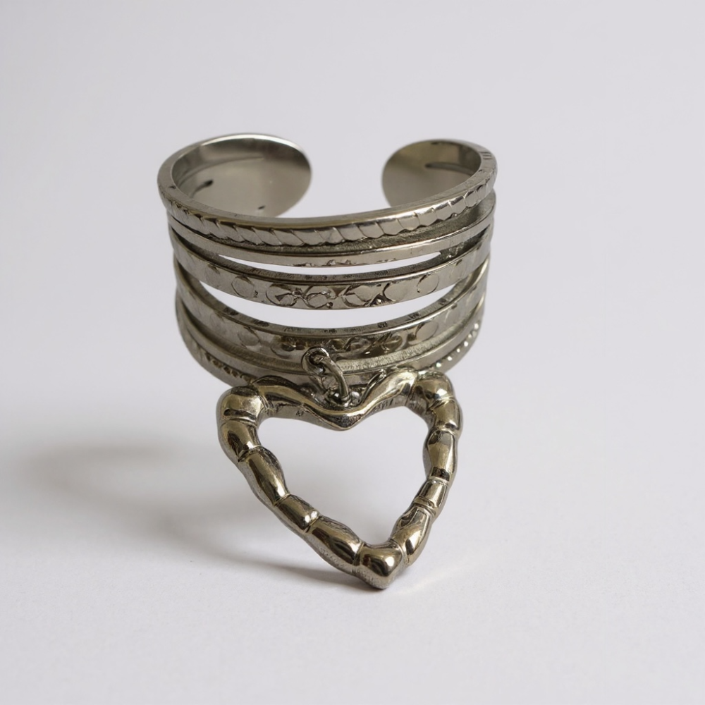 Bague cœur martelé multirang acier inoxydable argenté | Gaou Bijoux