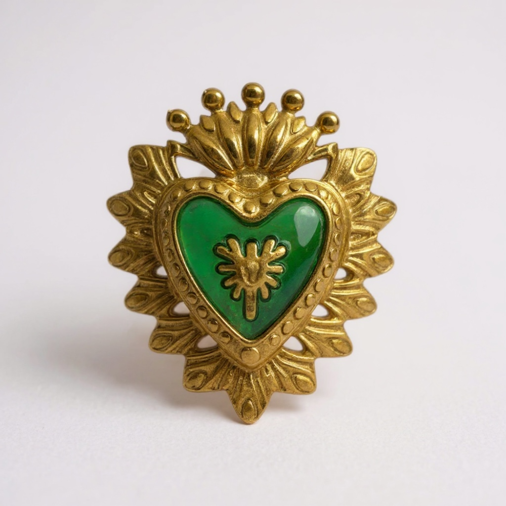 Bague Cœur Sacré dorée émaillée vert ou orange | bijoux acier inoxydable | Gaou Bijoux