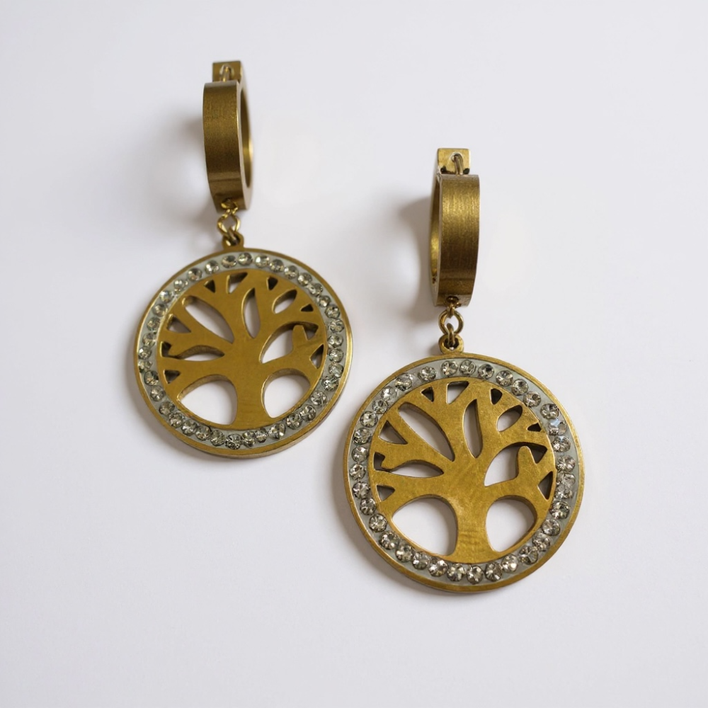 Boucles Arbre de Vie Strassées dorées – bijoux acier inoxydable | Gaou Bijoux