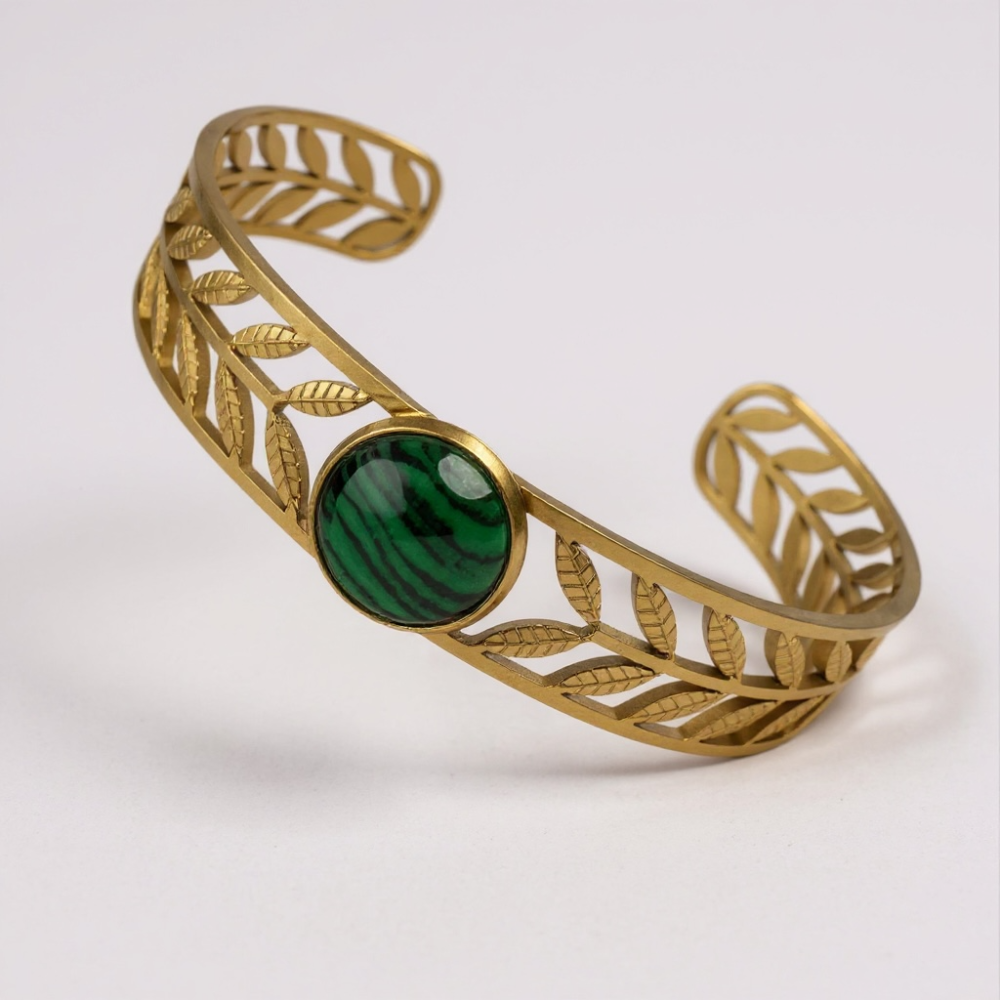 Bracelet jonc Feuilles doré avec pierre verte – bijou acier inoxydable | Gaou Bijoux