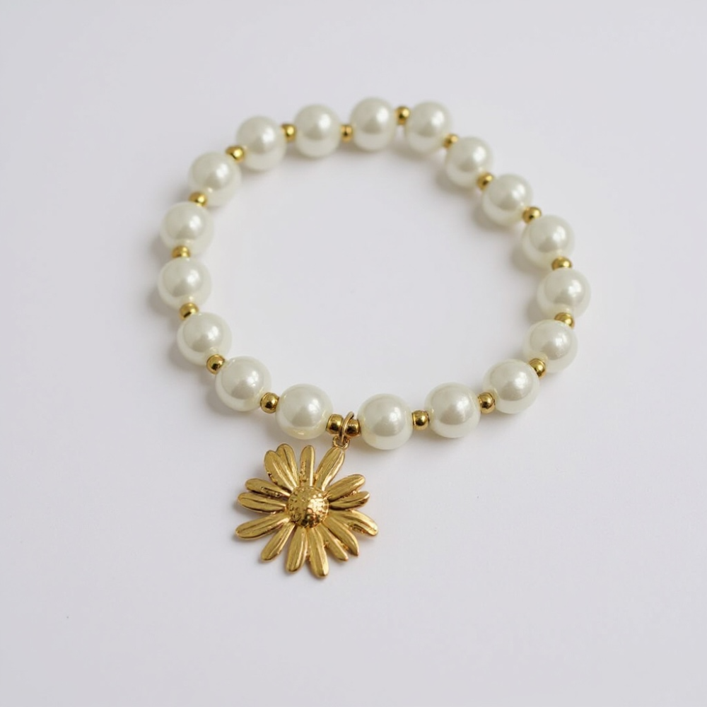 Bracelet perles nacrées charms dorés (soleil, fleur) | bijoux acier inoxydable | Gaou Bijoux