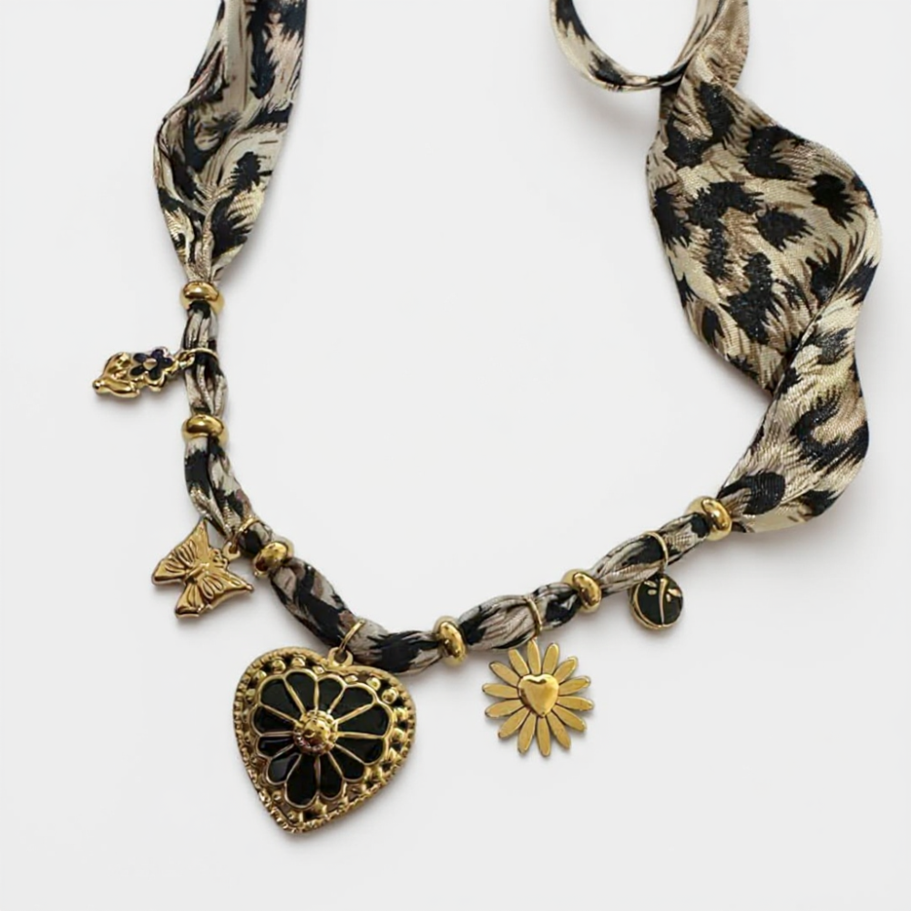 Collier Charms Cœur Noir & Foulard Léopard | bijoux acier inoxydable | Gaou Bijoux
