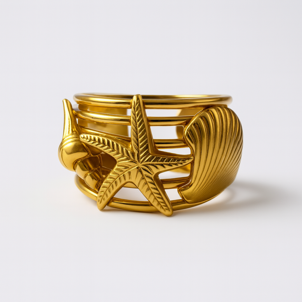 Bague étoile de mer et coquillage dorée – bague acier inoxydable | Gaou Bijoux
