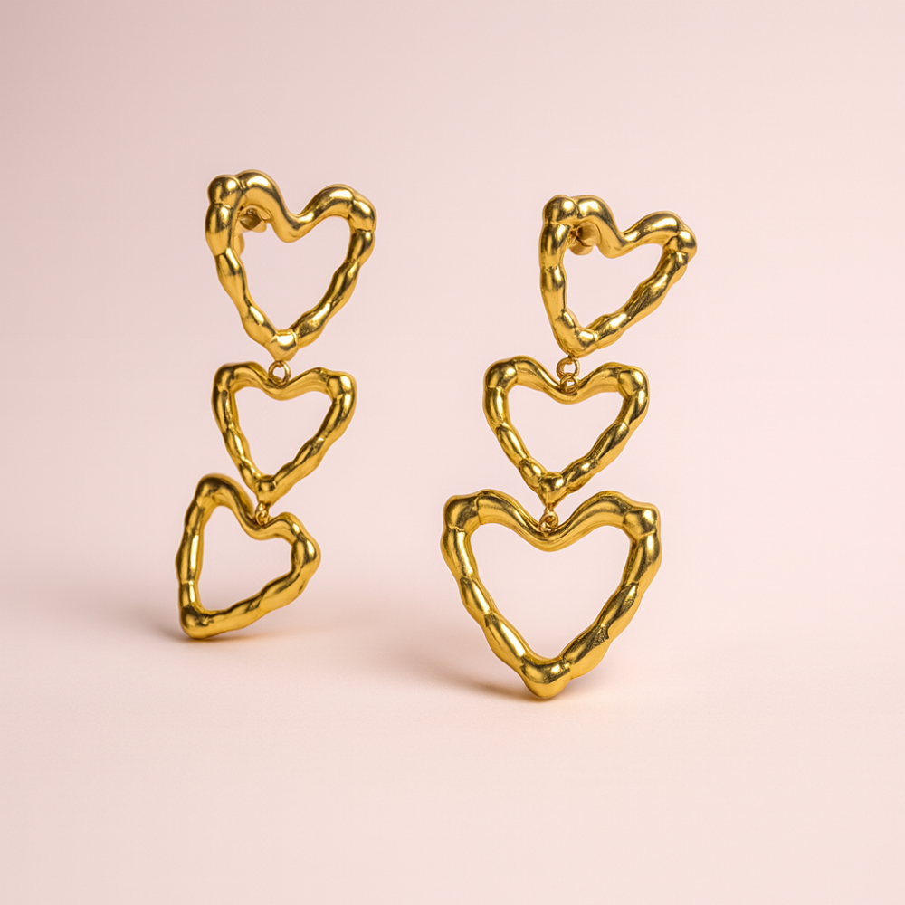 Boucles d’Oreilles Triple Cœur Doré