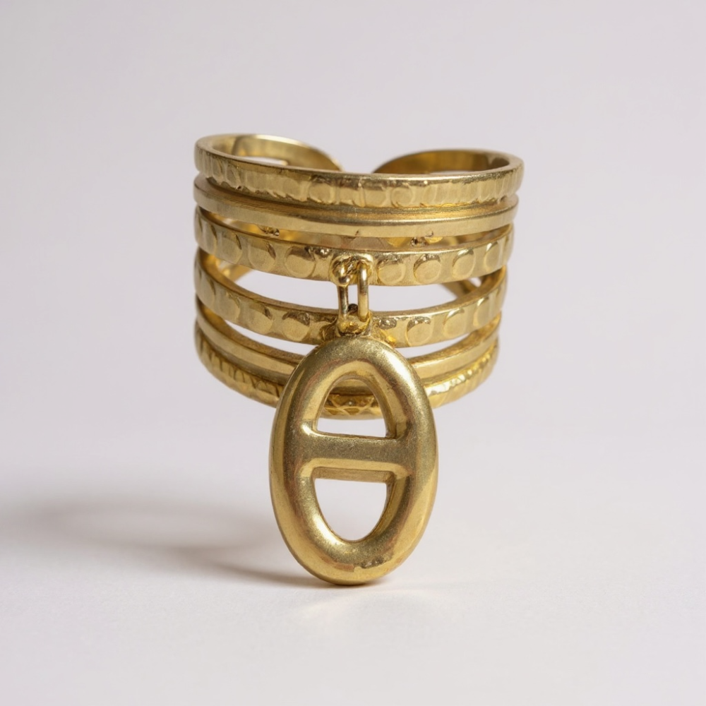 Bague large dorée avec pendentif maille marine – acier inoxydable | Gaou Bijoux