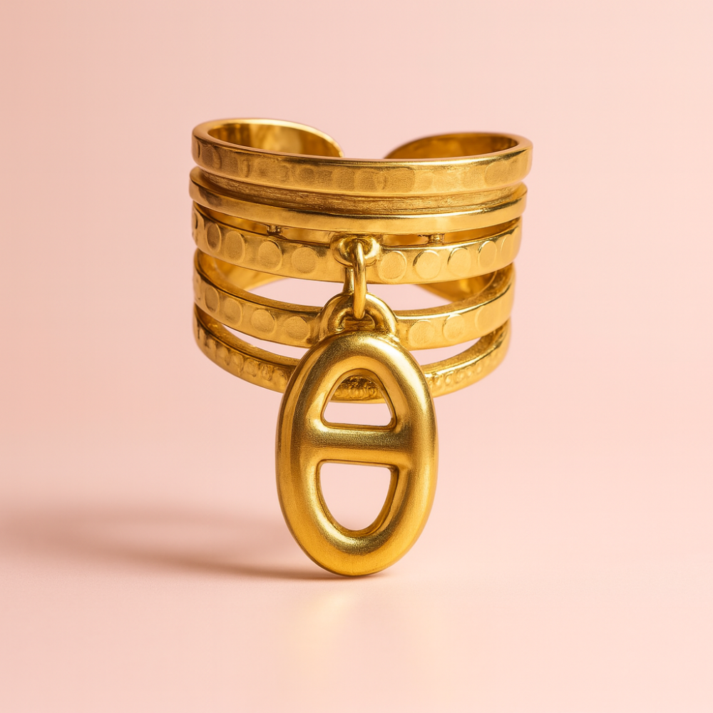 Bague Large Maille Marine Pendentif Doré