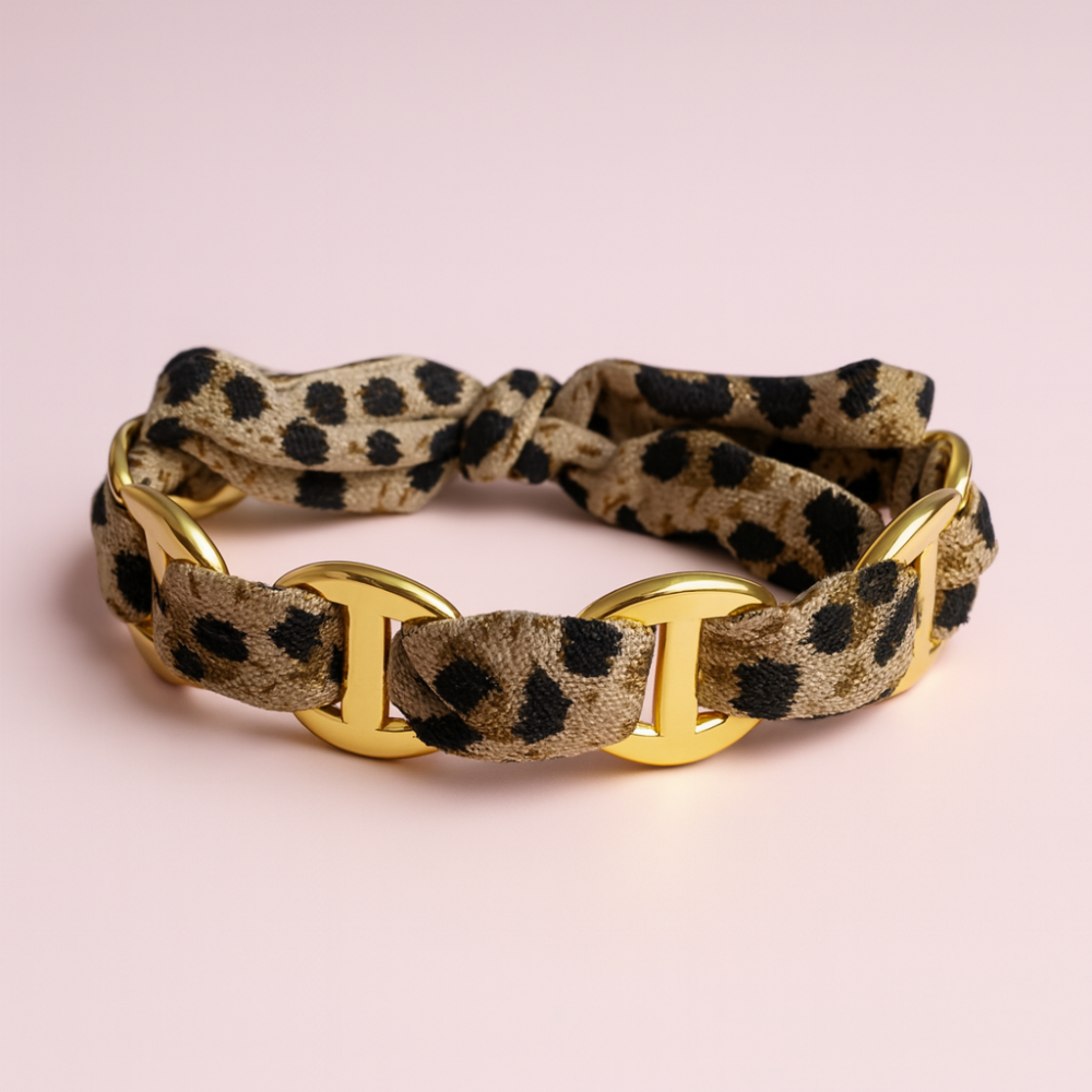 Bracelet léopard tissu & maillons maille marine dorés | Gaou Bijoux