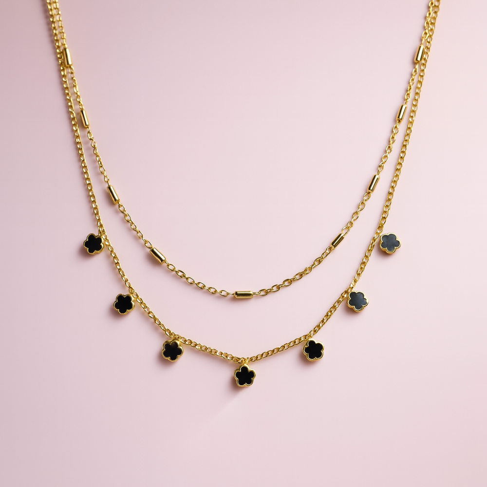 Collier double rang trèfles – noir ou malachite – bijoux acier inoxydable | Gaou Bijoux