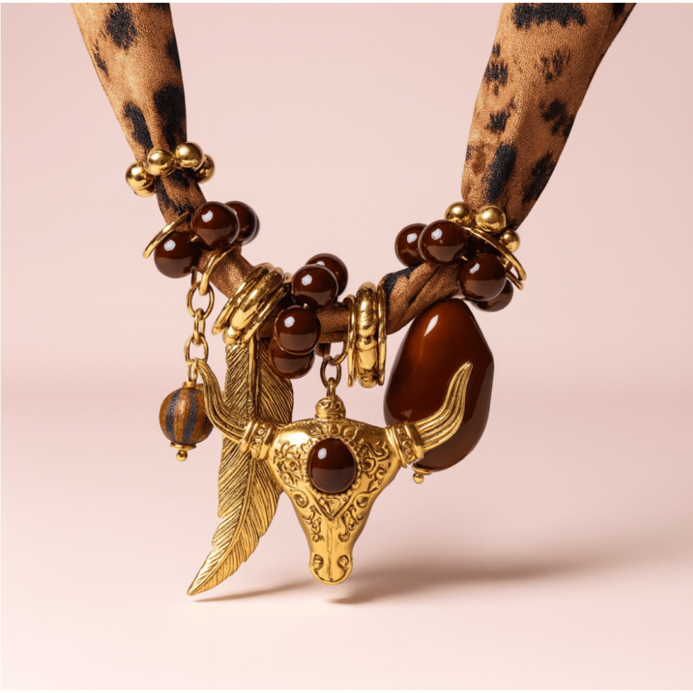 Collier buffle et tissu léopard – charms bohème | Gaou Bijoux